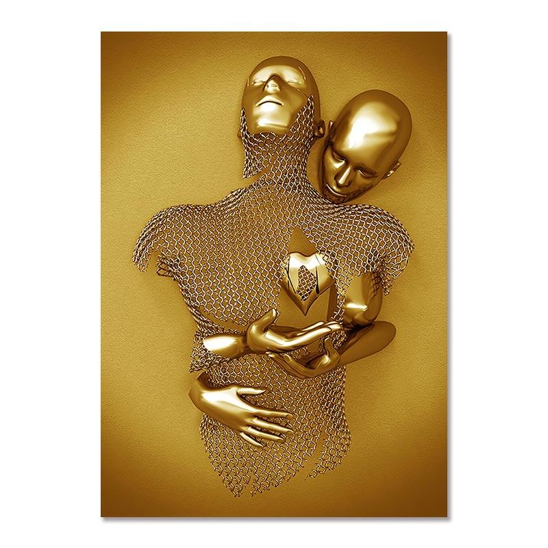 Металлическая фигурка, статуя, художественная картина на холсте, Золотая современная скульптура для влюбленных, постер и принт, настенные панно для гостиной, домашний декор