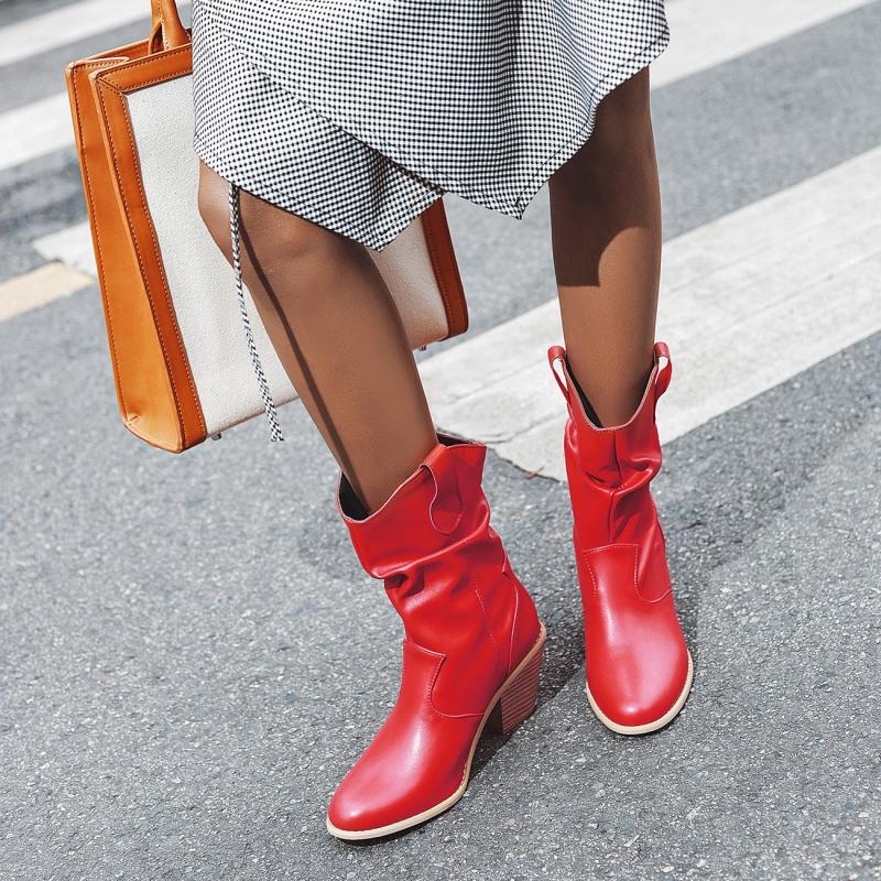 Повседневные женские ботильоны на щиколотке, панк-каблуки, черные, красные, белые, плиссированные, ковбойские, для ковбоев, осенне-зимние, для вечеринок, короткие туфли, женские 2024