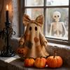 Patchwork Ghost Halloween Decor Handmade Ghost with Pumpkin Bucket And Floral Bow Vintage Tabletop Ornament for Shelf Home Decoration