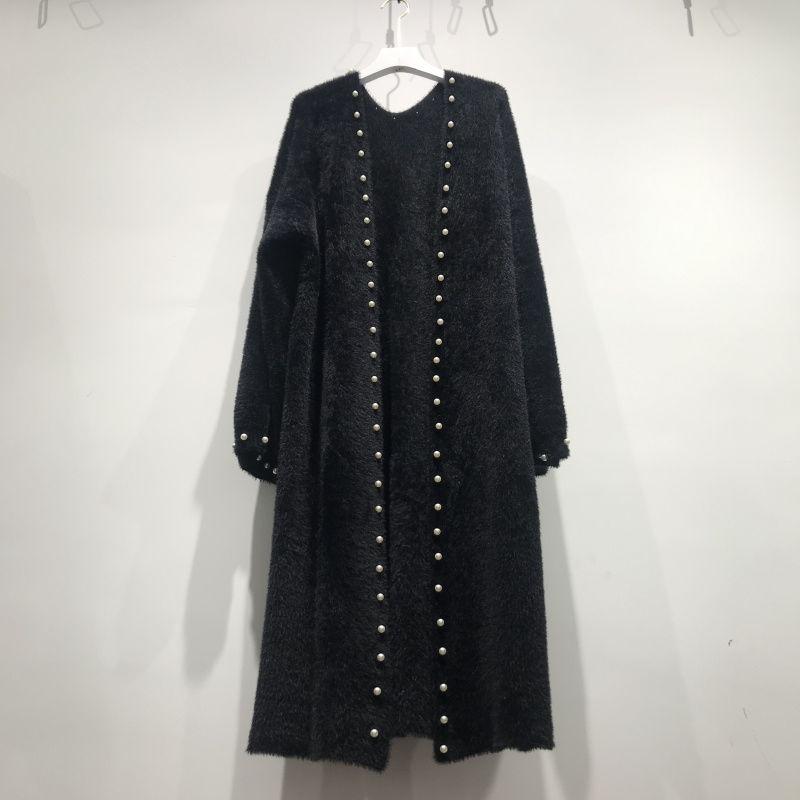 Women's Mink Fleece Cardigan Jacket Autumn and Winter Midi Beaded Knitted Cardigan Loose Casual Over-the-knee Knitted Sweater Coat