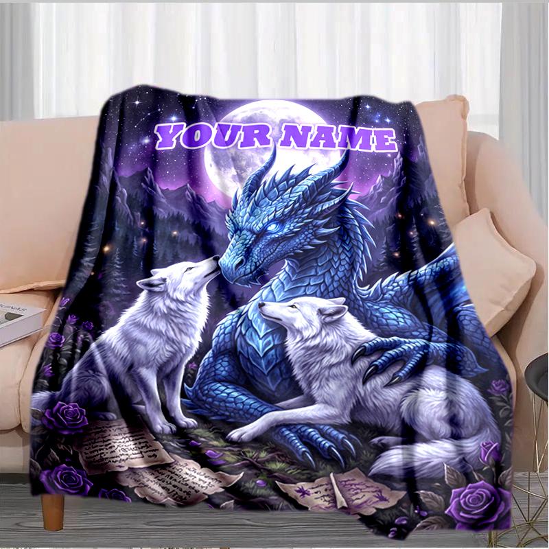 1PC Custom Name Dragon Wolves Moonlight blanket versatile,all-season throw suitable for the living room,bedroom,camping,travel,and gift