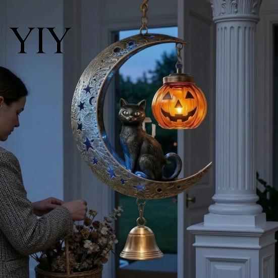 Halloween Wind Chime Black Cat Moon Chime, Gothic on Crescent Bell Glowing Pumpkin Lantern with Lantern, Hanging Ornament for Porch Door Yard