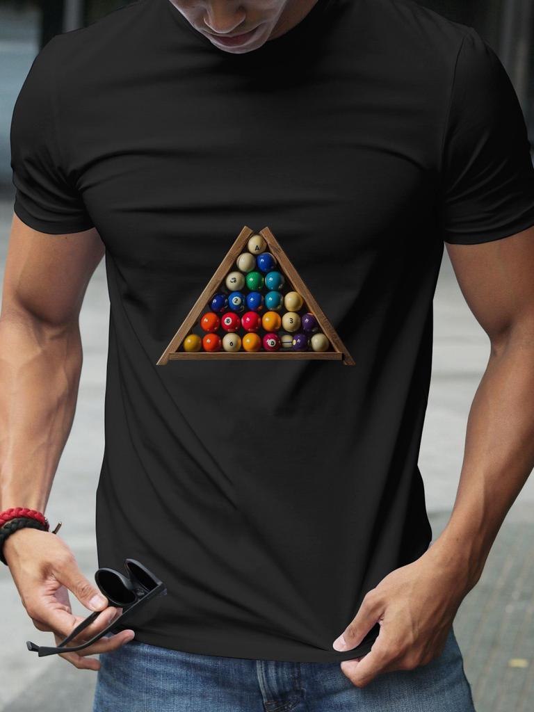 Casual Distressed Billiard Ball Triangle Rack Graphic T-shirt - 180g Cotton Crew Neck Short Sleeve Tee with Vibrant Geometric Print