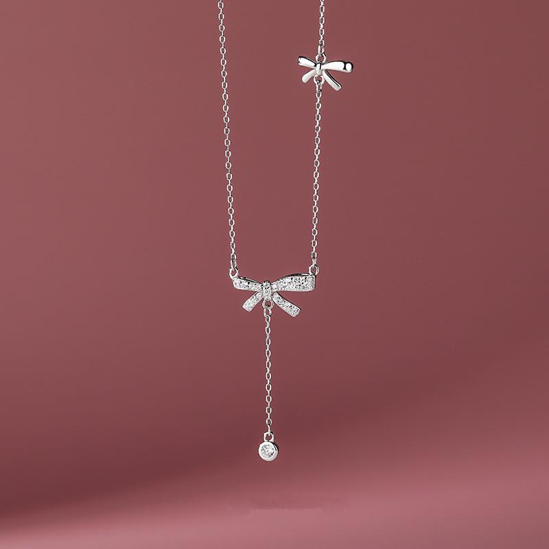 925 sterling silver Inlaid Zircon Bow Necklace for Women Elegant Sweet Clavicle Chain All-match Jewelry Gift