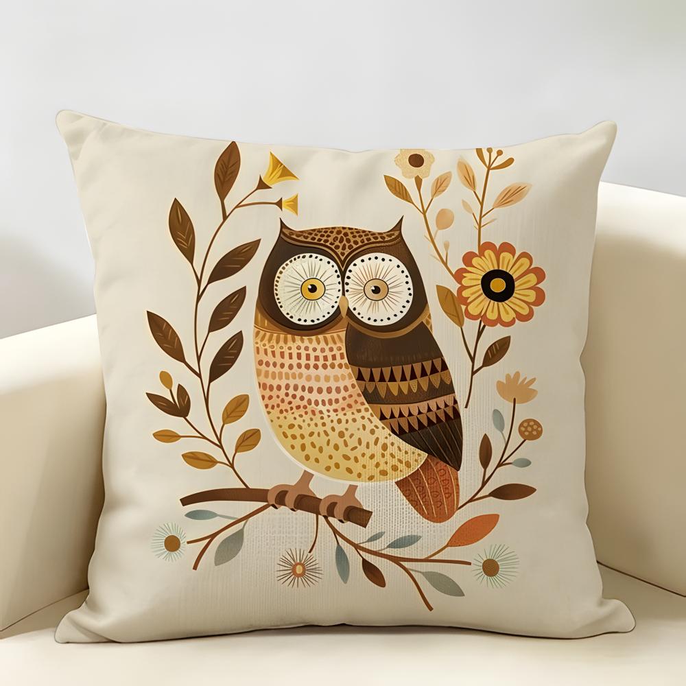 Vintage Owl Pattern Cushion Cover Natural Linen Organic Fabric DoubleSided Printing Room Sofa Decor Pillow Case