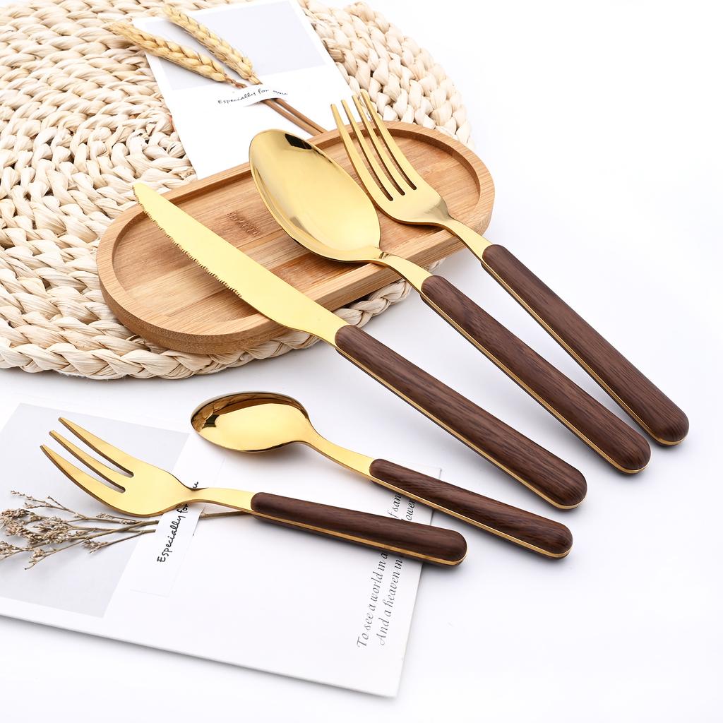 Деревянная ручка с нержавеющей сталью столовый набор серебряные золотые столовые приборы столовая чайная ложка вилка для торта толстая ручка для ежедневного использования