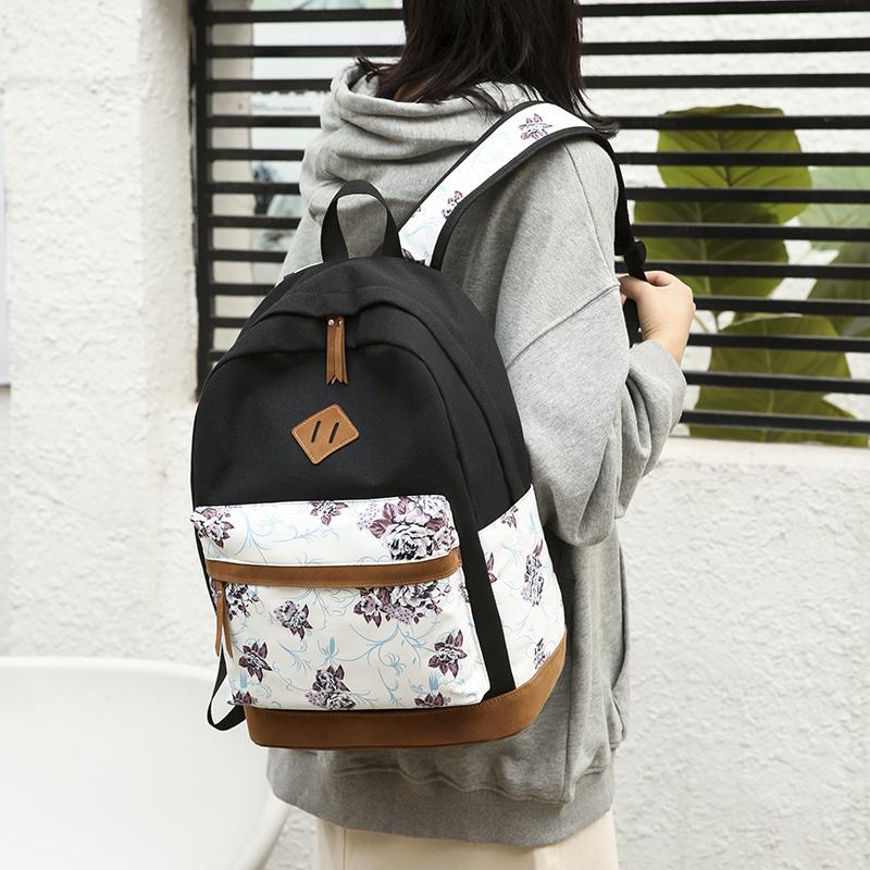 Girl Flower Printed Primary Junior High University Bookbag Lunch Bag Pencil Case 3pcs Backpack Sets Youth School Backpacks