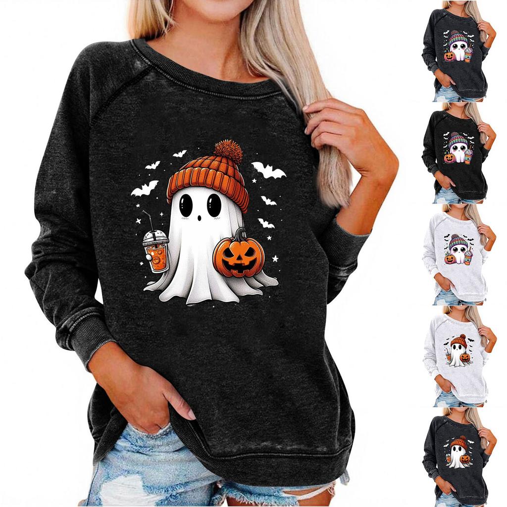 Женский повседневный реглан с круглым вырезом, длинным рукавом и принтом на Хэллоуин