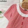 VONDA Женские летние кружевные блузки с квадратным вырезом в клетку с коротким рукавом и пузырьками