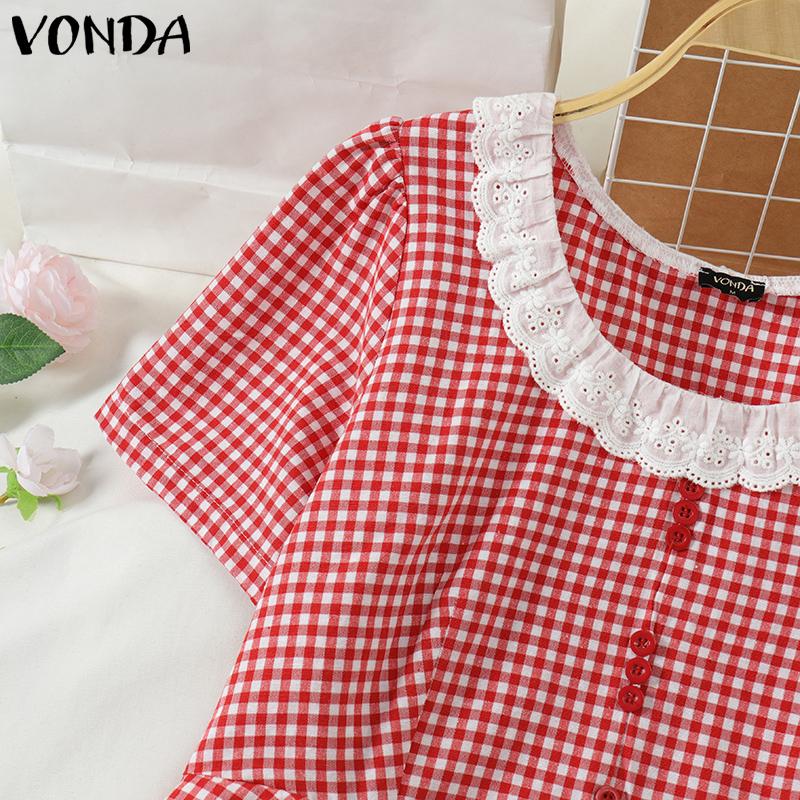 VONDA Женские летние кружевные блузки с квадратным вырезом в клетку с коротким рукавом и пузырьками