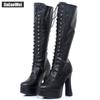 Women 12CM High Chunky Heel Platform Boots PU Leather Lace Up Knee-High Solid Zipper Boots - Exotic,Fetish,Sexy,Shoes
