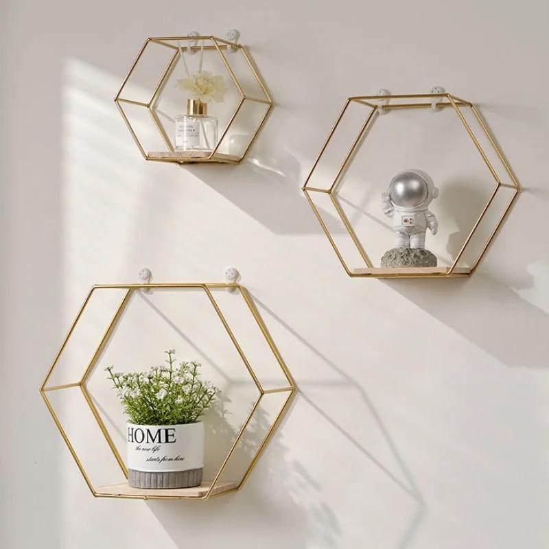 Металлическая плавающая настенная полка, настенная шестигранная полка, стойка для демонстрации изделий ручной работы, держатель для хранения всякой всячины, украшение для дома в гостиной