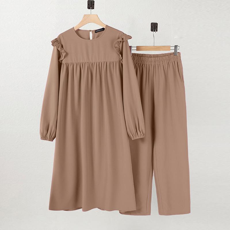 ZANZEA Женские длинные блузка и брюки в стиле ретро, повседневные комплекты из двух предметов