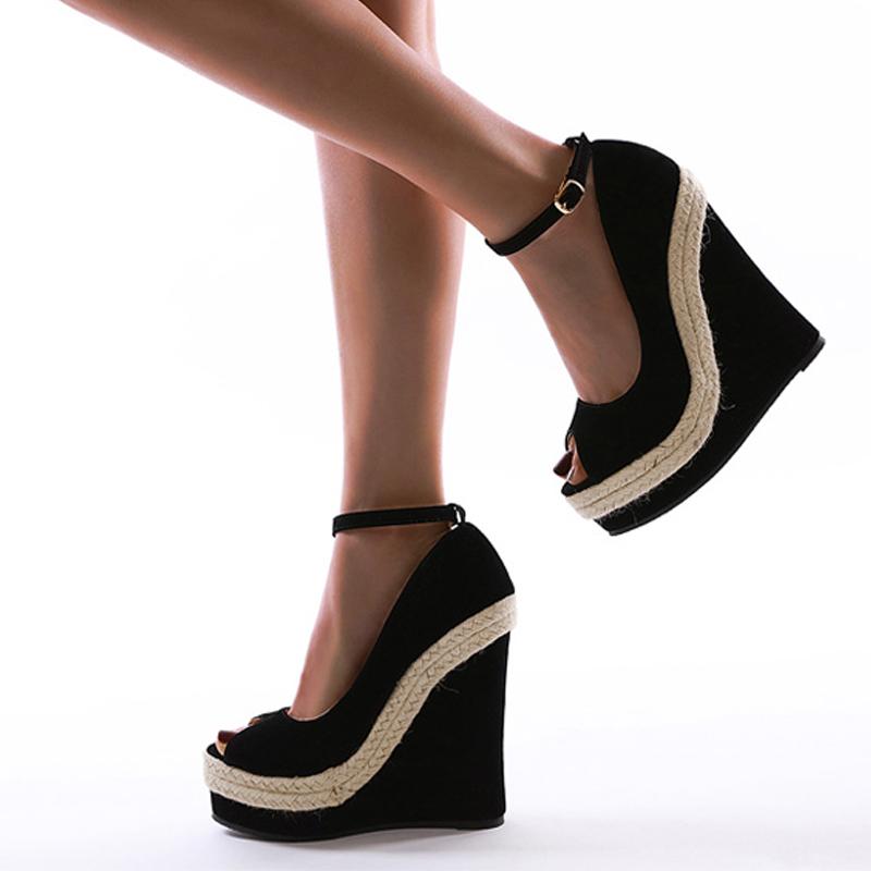 Eilyken Высококачественные соломенные сандалии на танкетке, новые женские туфли на высоком каблуке с пряжкой и ремешком, летние вечерние черные туфли с запахом на щиколотке