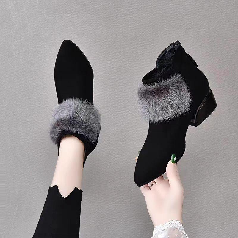 Fashion Short Boots Women Buckle Decoration Shoes Thick Heel Pointed Winter Warm Ankle Boot Casual Elegant Suede Boot