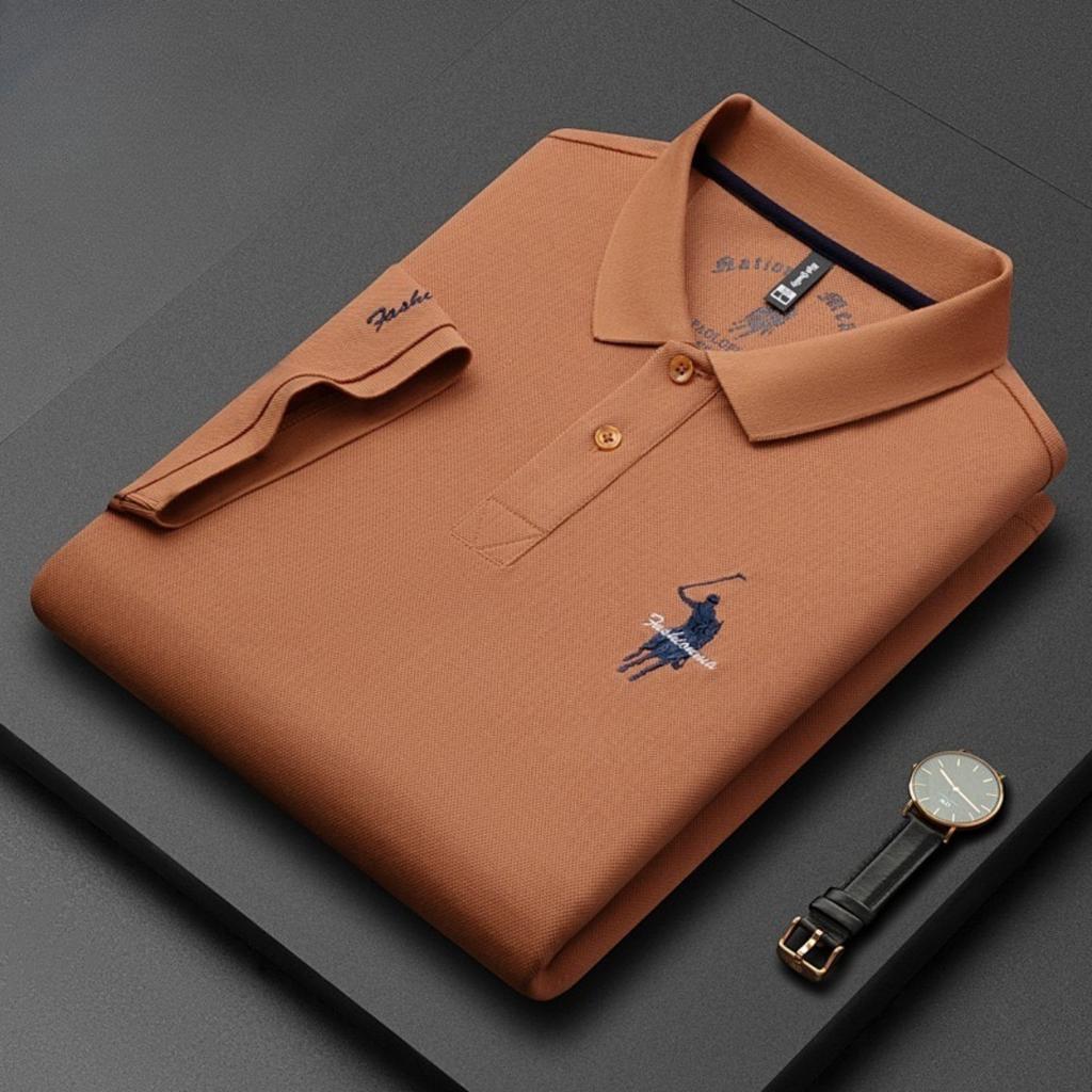 Trend Hub Роскошная вышивка Мужская рубашка поло Тонкая дышащая 100% хлопок Черный Темно-синий Лацкан С коротким рукавом Топы Брендовая одежда