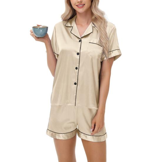 2 Pcs/Set Pajamas Suit Satin Single-breasted Cardigan Shirt V Neck Notch Collar Solid Color Shirt