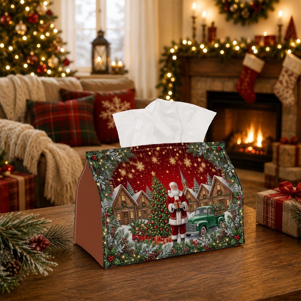 1pc Nostalgic Winter Tissue Box - Santa Claus Classic Truck Village Pine Tree Napkin Storage Box, Suitable for Rolls/facial Tissues/single Sheets,avai