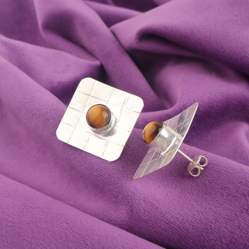 Сакральная чакра Натуральный желтый тигровый глаз Серьги-пусеты Ювелирные изделия Серебро 925 пробы EE-146-37