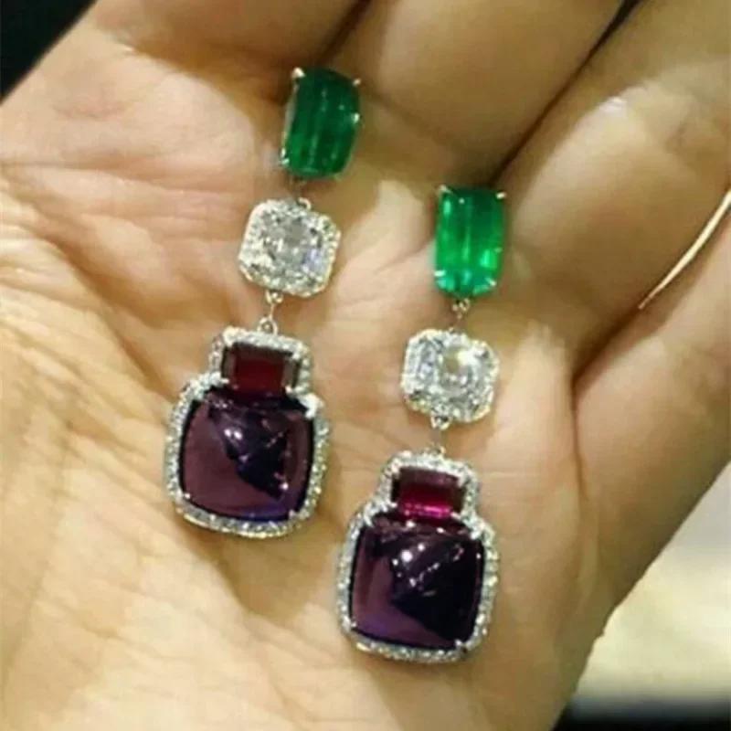 Женские асимметричные серьги с разноцветными камнями фиолетового, красного, зеленого и белого цветов, роскошная модная бижутерия для вечеринок