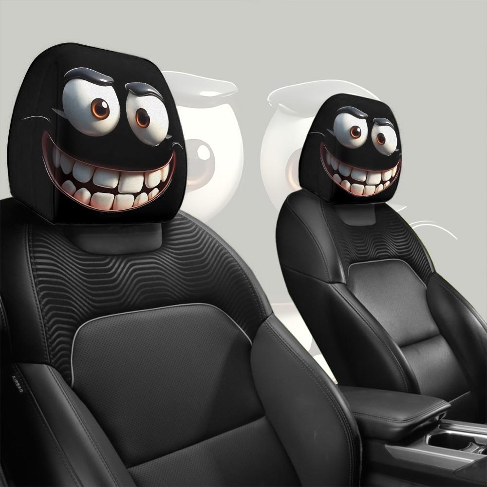 2pcs Set of Funny Big-Eyed Grinning Cartoon Print Car Seat Headrest Covers, Car Headrest Covers for Funny Car Interior Accessories