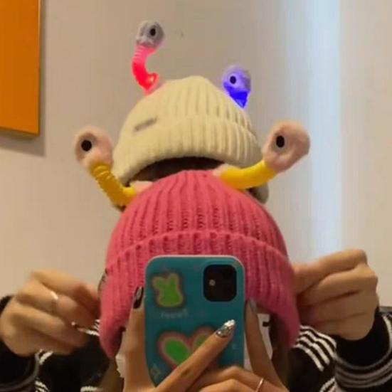 Cute Knitted Beanie Hat with Eyes Wear Resistant Solid Color LED Glowing Funny Cartoon Winter Warm Hat
