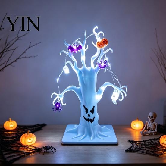 Decorative Resin Tree for Home Lighted Halloween Spooky Dead Tabletop Decor, Ghost Face Haunted Themed Showcase Decor with Pumpkin Spider LED