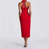 Spring new temperament sexy backless hip skirt European and American fashion solid color neck hip dress