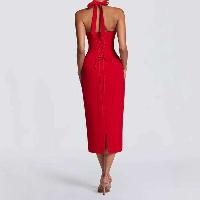 Spring new temperament sexy backless hip skirt European and American fashion solid color neck hip dress