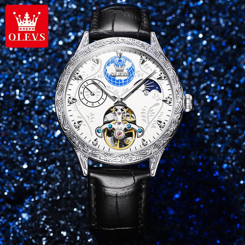 Мужские механические часы Tourbillon Hollow с автоматическим механизмом, водонепроницаемые, с люминесцентным циферблатом с фазами Луны, модные мужские деловые механические наручные часы