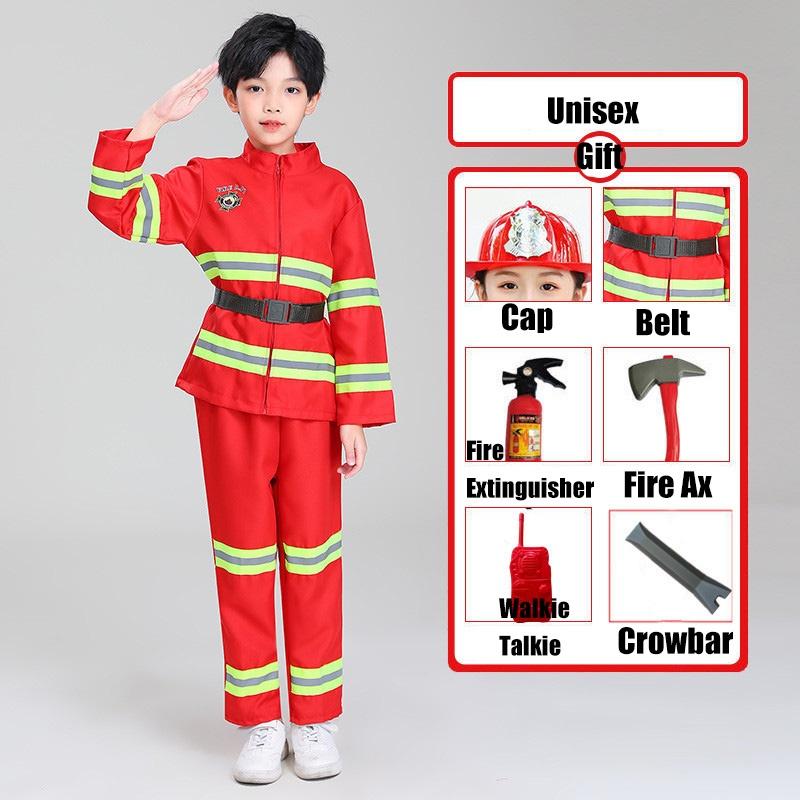 Детский костюм пожарного для переодевания, красный полиэстер, набор костюма пожарного с поясом и кепкой-уточкой