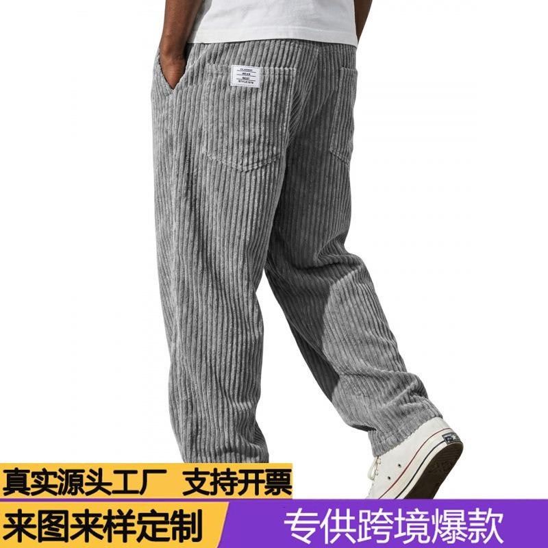 New men's American embroidered white label loose straight casual pants vertical stripes multi-pocket trousers