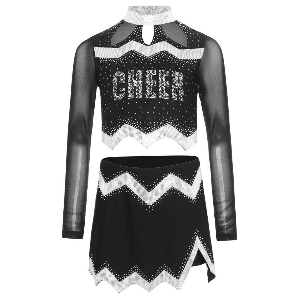 Girls Cheerleader Uniform Long Sleeve Crop Top Hollow Out Design Rhinestone Details Matching Dance Skirt Outfit