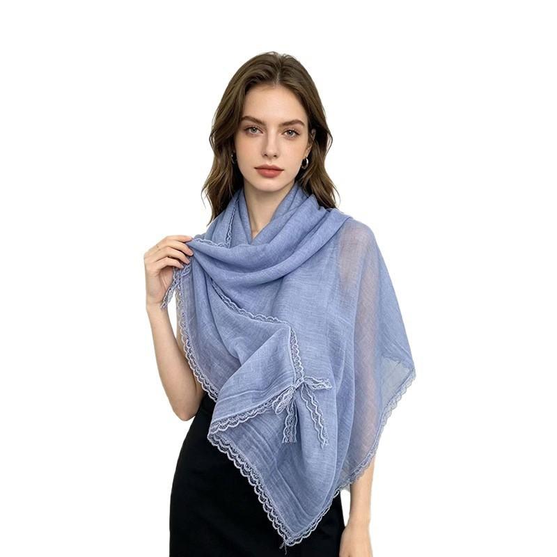 Lightweight Cotton Linen Blend Scarf With Lace Trim Breathable Shawl Versatile Wrap In Solid Colors