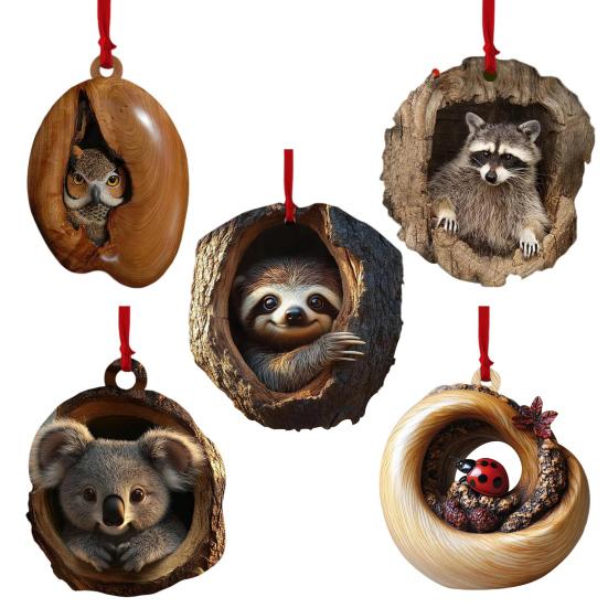 5Pcs Christmas Animal Ornaments 2D Acrylic Cute Wildlife Pendant Raccoon Owl Squirrel Hedgehog Bird Tree Hole Wood Texture Hanging Decorations