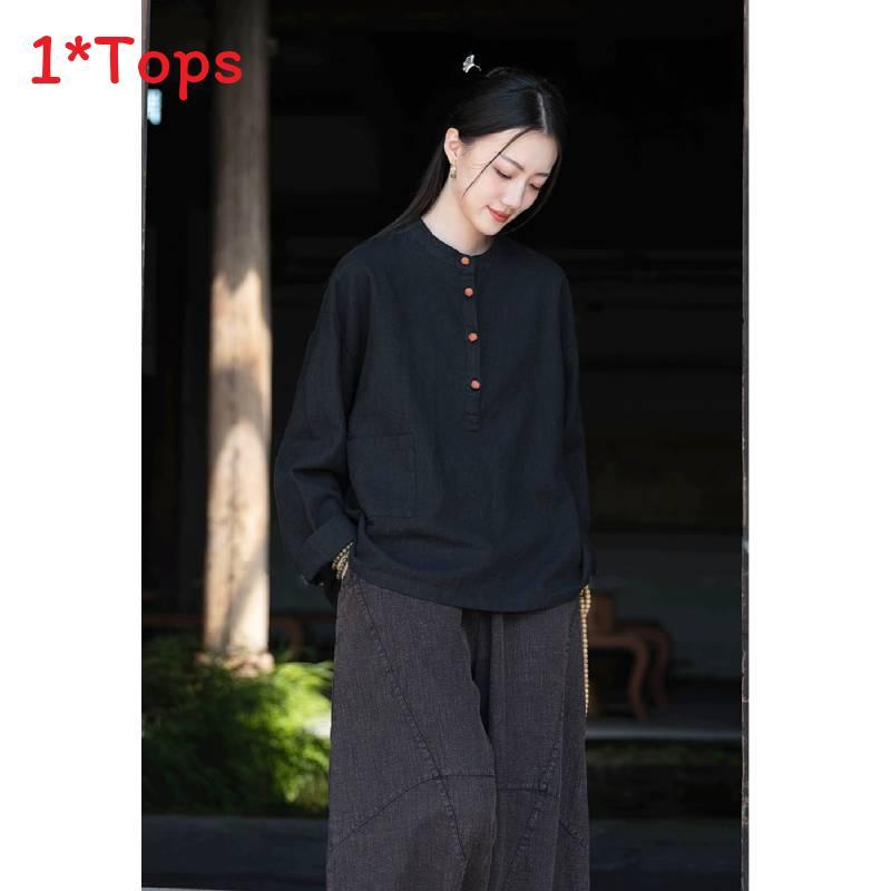 Spring Linen Cotton Womens Shirt With Colorblock Buttons For Vintage Style Casual Wear