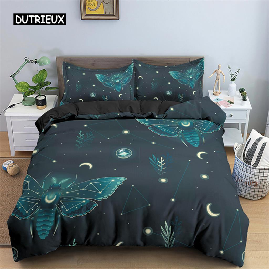 Комплект постельного белья с бабочками, полный размер King Size, хиппи, бохо, моль, пододеяльник из микрофибры, анималистичный, ботанический, психоделический, звездное небо, пододеяльник