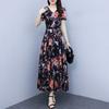 Ice Silk Short-sleeved Dress New V-neck Floral Long Skirt To Make Your Belly Cover