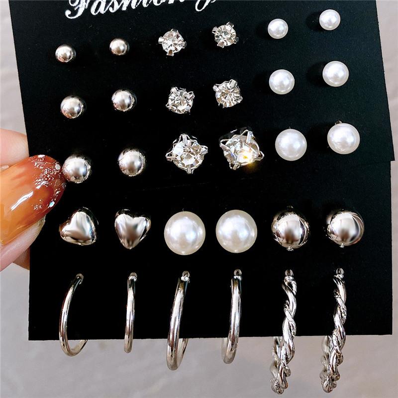 Korean Women Earrings 12 Pair/Set Beige White Pearl Simple Fashion Earrings Wedding Jewelry For Gift Valentine's Day Gift