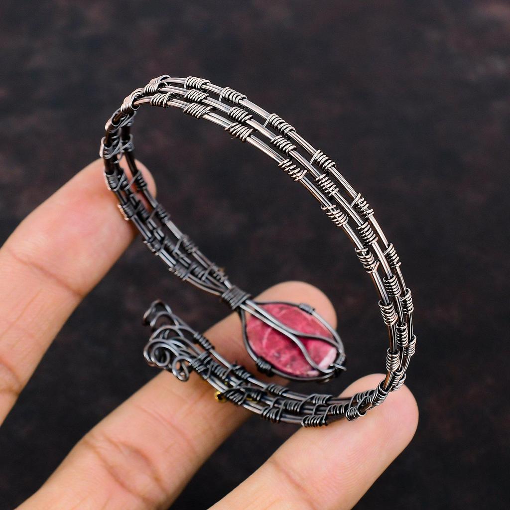 Браслет-манжета из меди тулит, браслет из драгоценных камней, обмотанный медной проволокой, регулируемый браслет для подарка, ювелирные изделия ручной работы, обмотанный проволокой, браслет-манжета