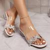 Fashion Summer Pearl Butterfly Slippers for Women Transparent Square Middle Heel Female Sandals Slides Fashion Square Toe Heeled Shoes
