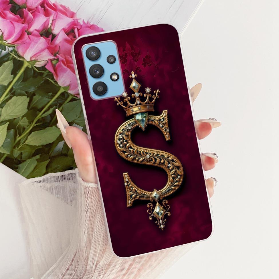 Clear For Samsung A32 5G SM-A326B Cover For Samsung Galaxy A32 5G Case Luxury Crown A-Z Letters 2D Flat Pattern Soft Phone Case