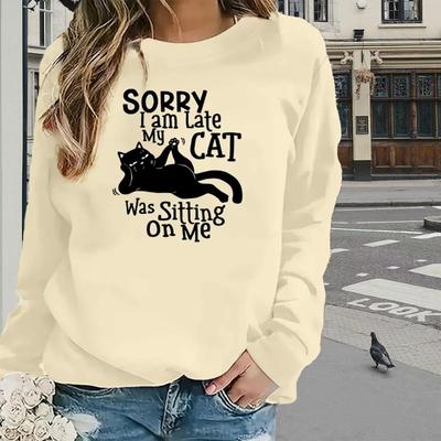 Топы для женщин. Неторопливая футболка с круглым вырезом и длинным рукавом с принтом кота. Осенний повседневный тонкий пуловер. Женский топ с длинным рукавом.