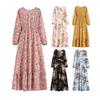 Женское макси-платье с круглым вырезом и длинным рукавом, эластичное платье с высокой талией, свободный подол, с цветочным принтом, трапециевидное платье, уличная одежда