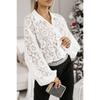 Solid Lapel Lantern Long Sleeve Button Up Blouse Hallow Out Sexy White Black Lace Shirt for Women
