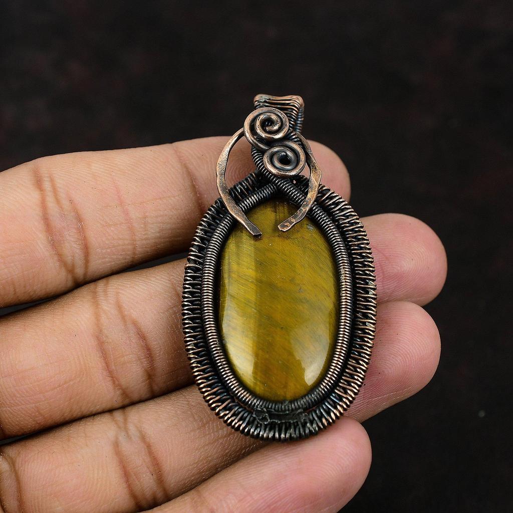 Подвеска из драгоценного камня тигровый глаз, подвеска из медной проволоки, ювелирное изделие из медной проволоки, дизайнерская подвеска ручной работы, подарок для матери, ювелирное изделие из тигрового глаза