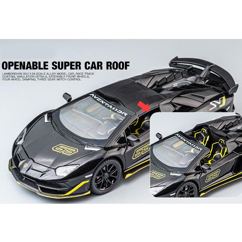 1/24 Scale Lambo Aventador SVJ63 Diecast Car Model Toy, Pull Back Toy Vehicle with Sound and Light for Kids Toddler Boys Girls Gift Collection