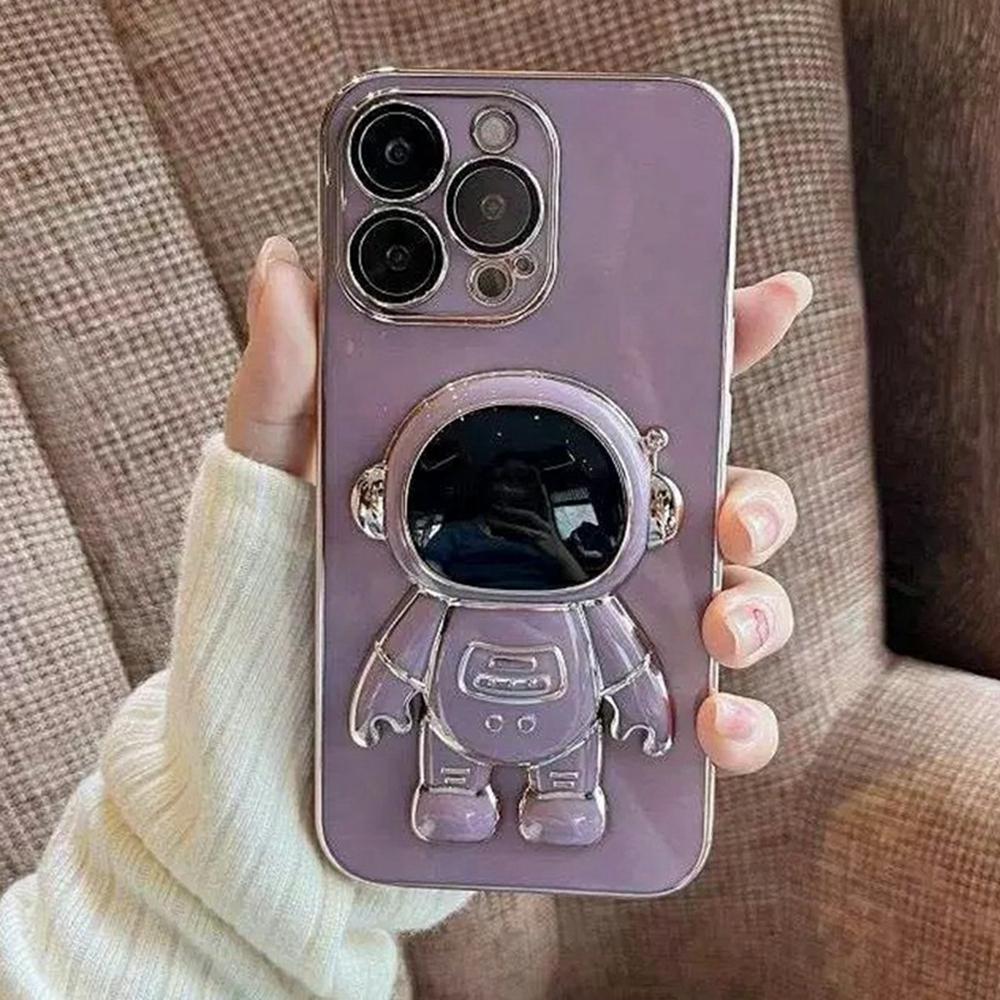 For iPhone 12 Pro Case Electroplating Soft TPU Phone Cover Astronaut Hidden Kickstand