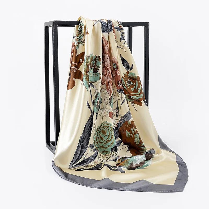 90cm Square Shawls Women Hijab Scarf For Hair Fashion Print Kerchief Neck Scarves Female Silk Satin Bag Scarfs For Ladies Banada