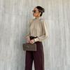 Womens Elegant Long Sleeve Silk-Like Blouse With Padded Shoulders Loose Fit Semi-High Neck Office Chic Top